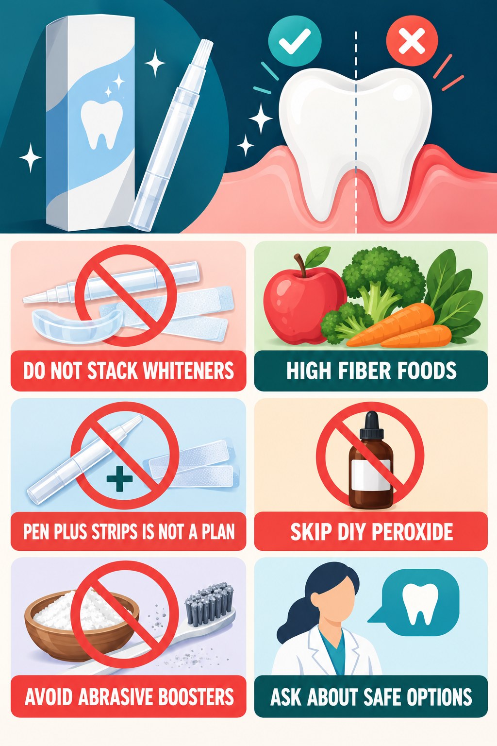 Whitening Method Stacking Myth Check infographic for High Fiber Foods with four concise whitening-gel-pen safety points.