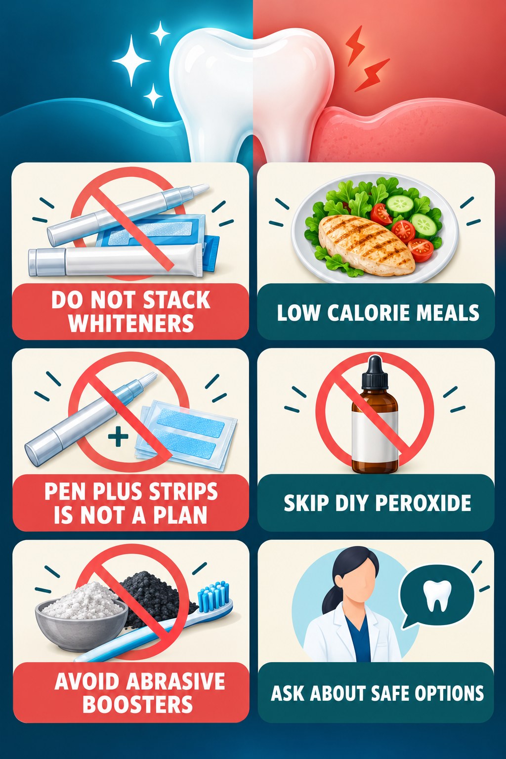 Whitening Method Stacking Myth Check infographic for Low Calorie Meals with four concise whitening-gel-pen safety points.
