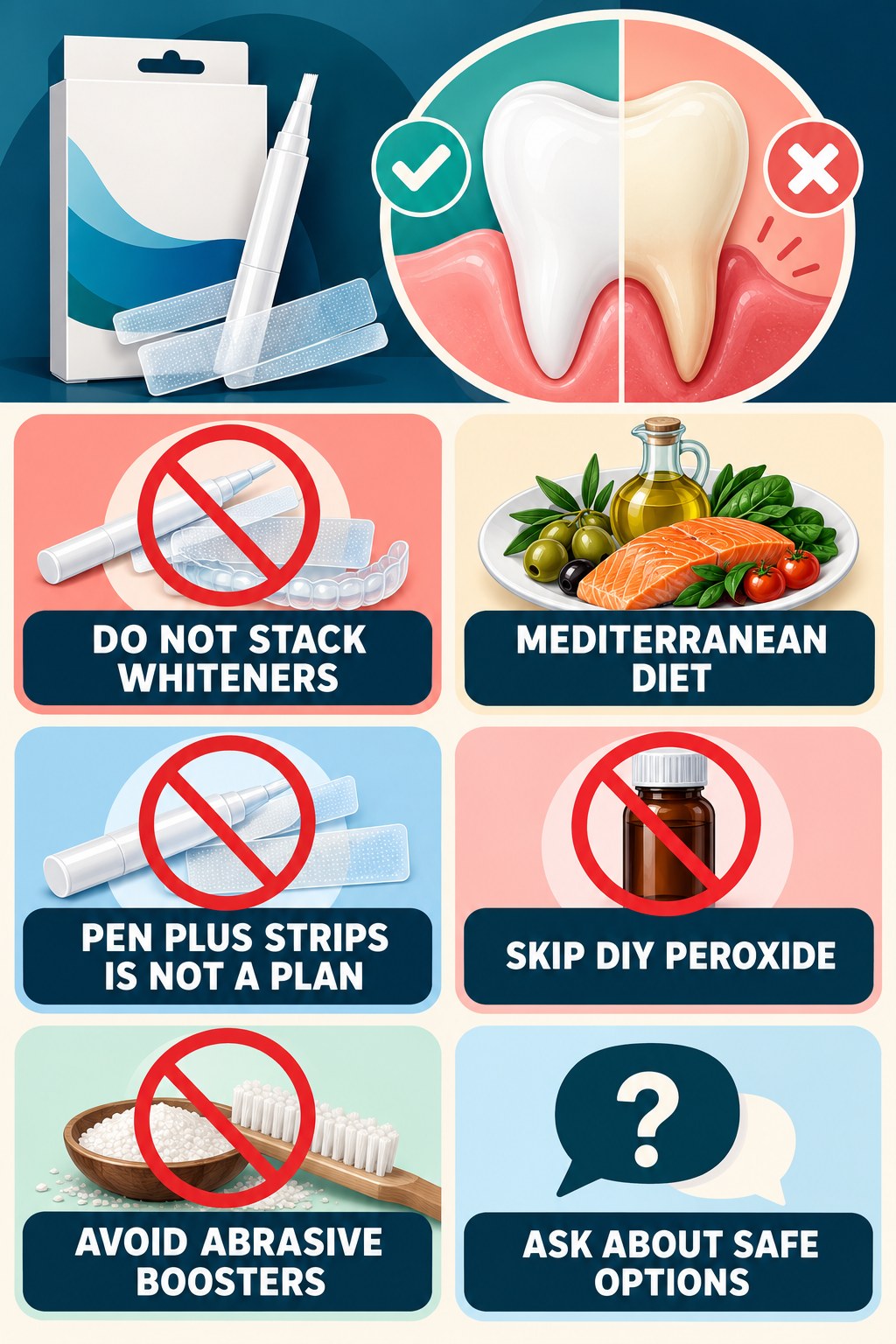 Whitening Method Stacking Myth Check infographic for Mediterranean Diet with four concise whitening-gel-pen safety points.