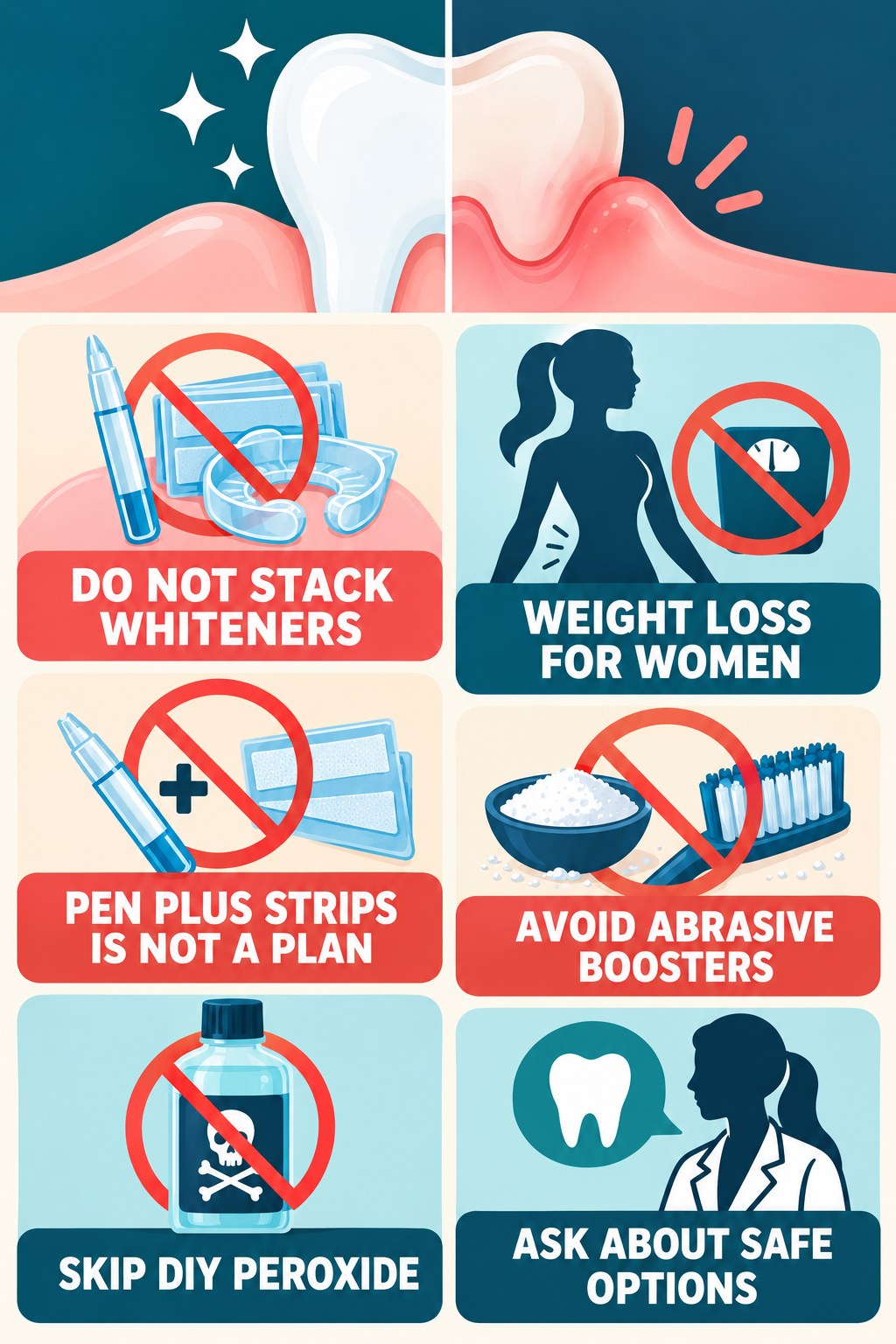 Whitening Method Stacking Myth Check infographic for Weight Loss for Women with four concise whitening-gel-pen safety points.
