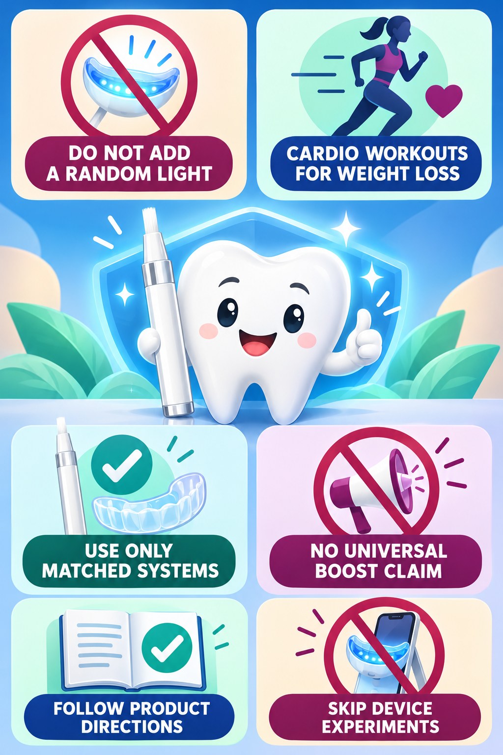 Whitening Pen and LED-Light Myths infographic for Cardio Workouts for Weight Loss with four concise whitening-gel-pen safety points.