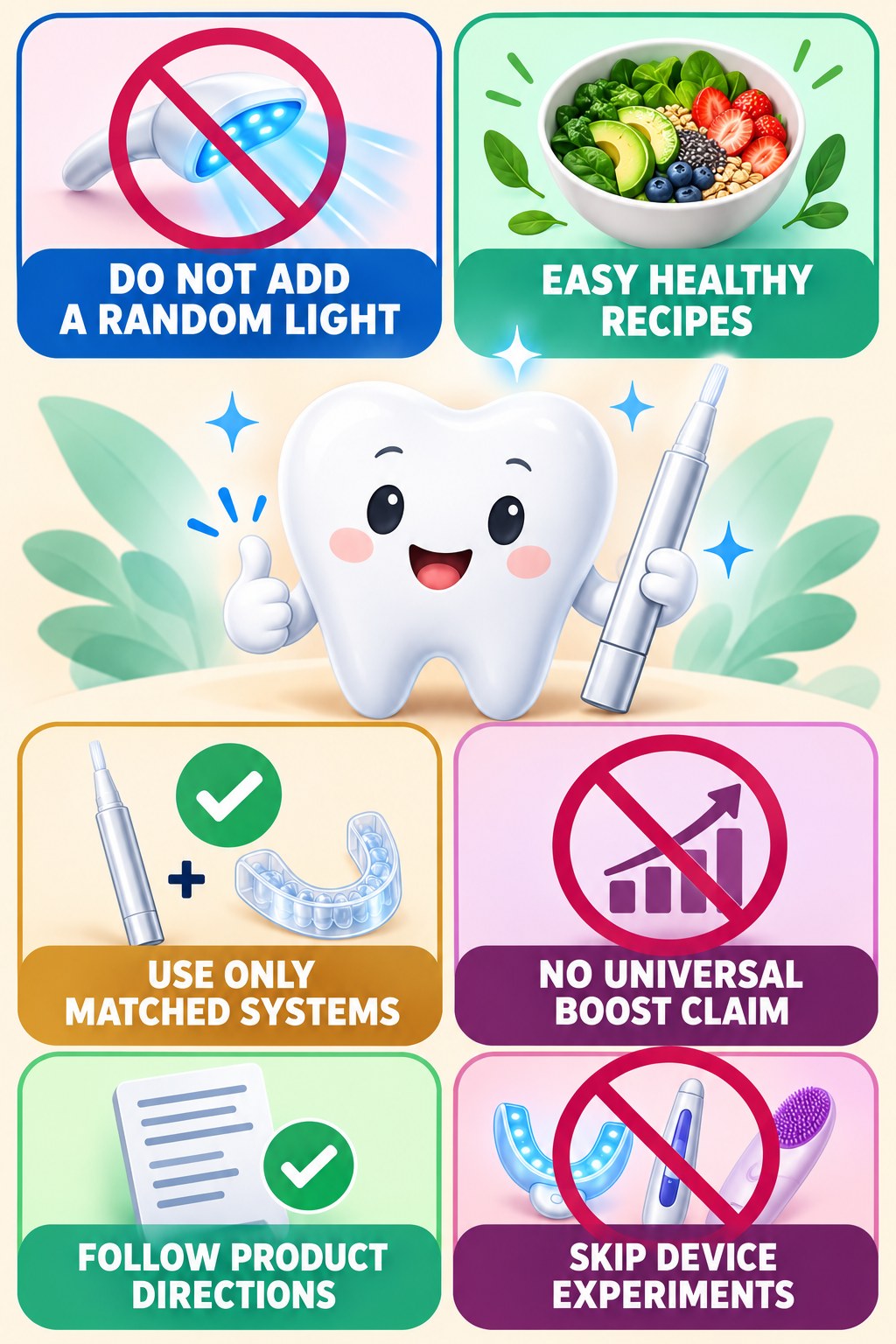 Whitening Pen and LED-Light Myths infographic for Easy Healthy Recipes with four concise whitening-gel-pen safety points.