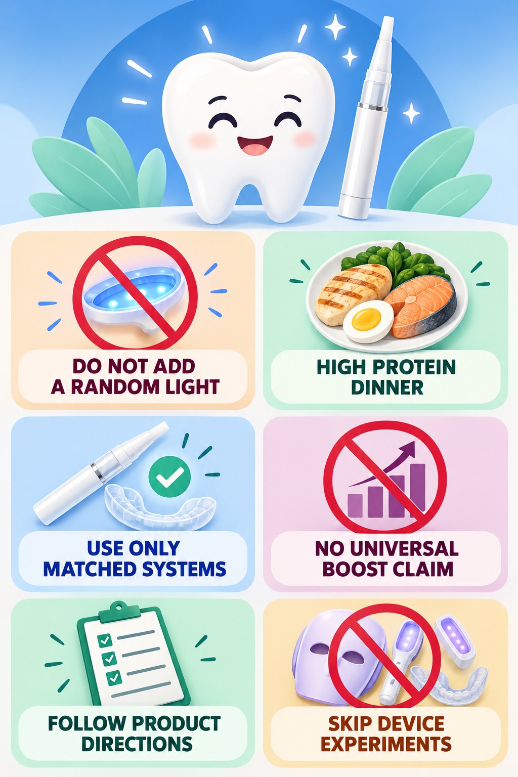 Whitening Pen and LED-Light Myths infographic for High Protein Dinner with four concise whitening-gel-pen safety points.