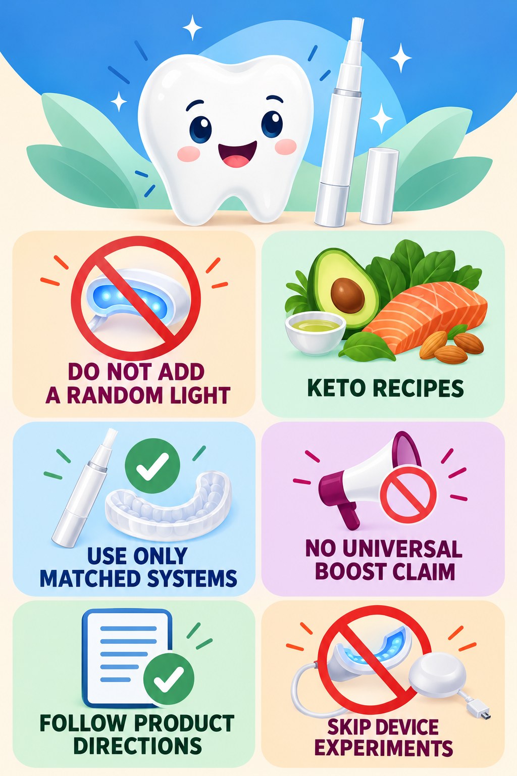 Whitening Pen and LED-Light Myths infographic for Keto Recipes with four concise whitening-gel-pen safety points.