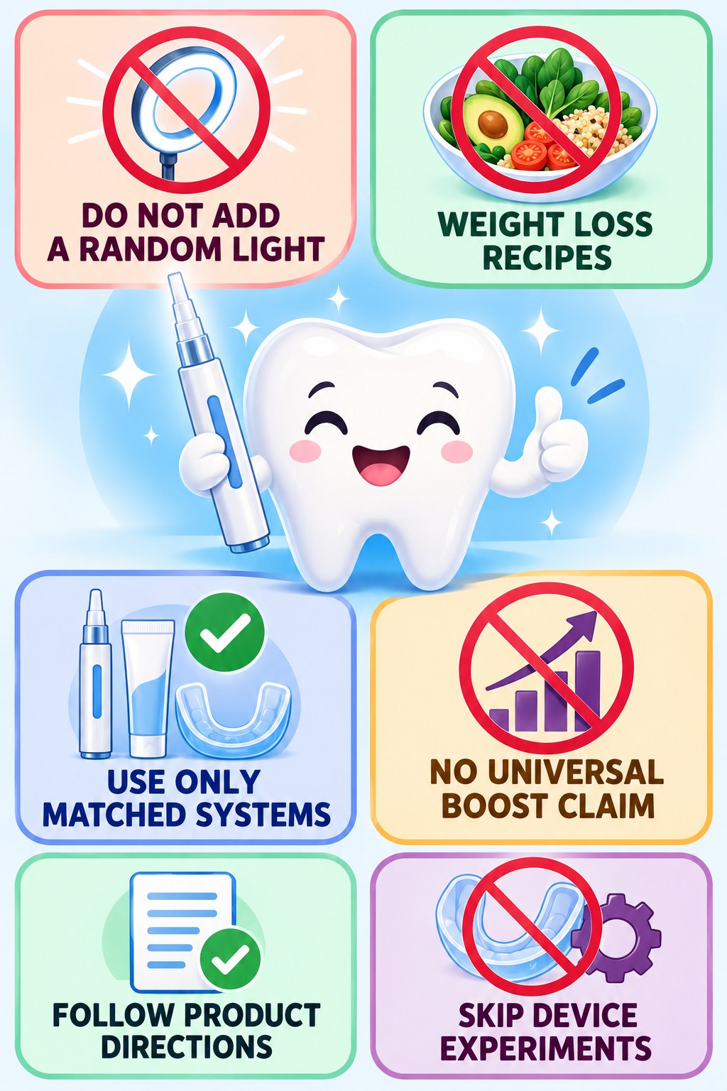 Whitening Pen and LED-Light Myths infographic for Weight Loss Recipes with four concise whitening-gel-pen safety points.