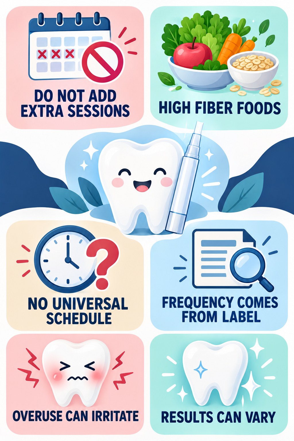 Whitening Pen Frequency Without Guesswork infographic for High Fiber Foods with four concise whitening-gel-pen safety points.