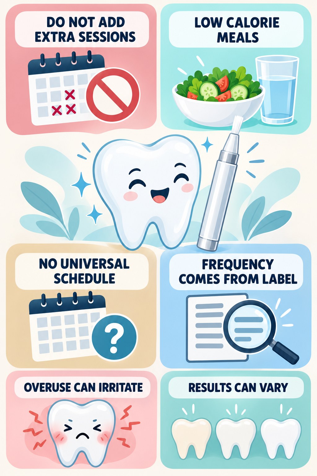 Whitening Pen Frequency Without Guesswork infographic for Low Calorie Meals with four concise whitening-gel-pen safety points.