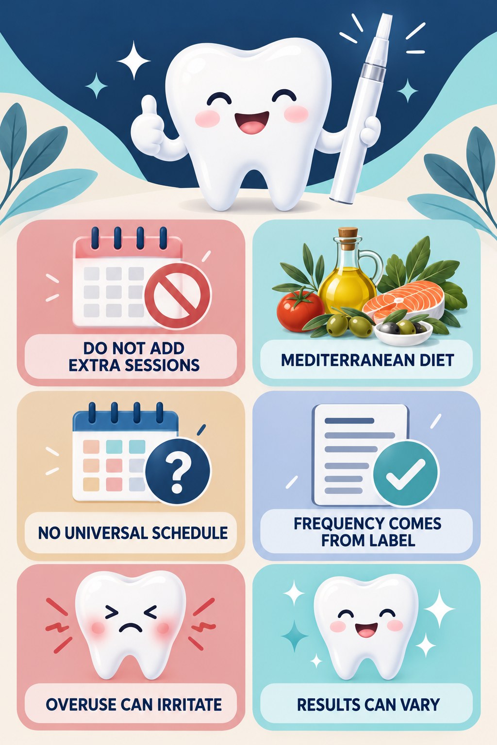 Whitening Pen Frequency Without Guesswork infographic for Mediterranean Diet with four concise whitening-gel-pen safety points.