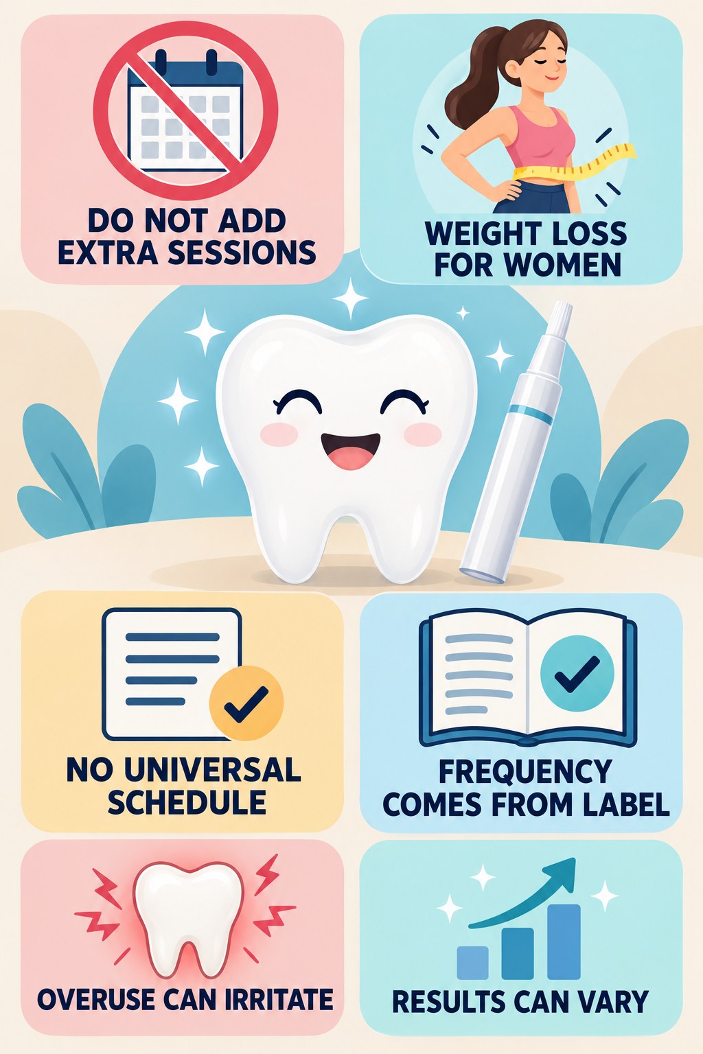 Whitening Pen Frequency Without Guesswork infographic for Weight Loss for Women with four concise whitening-gel-pen safety points.