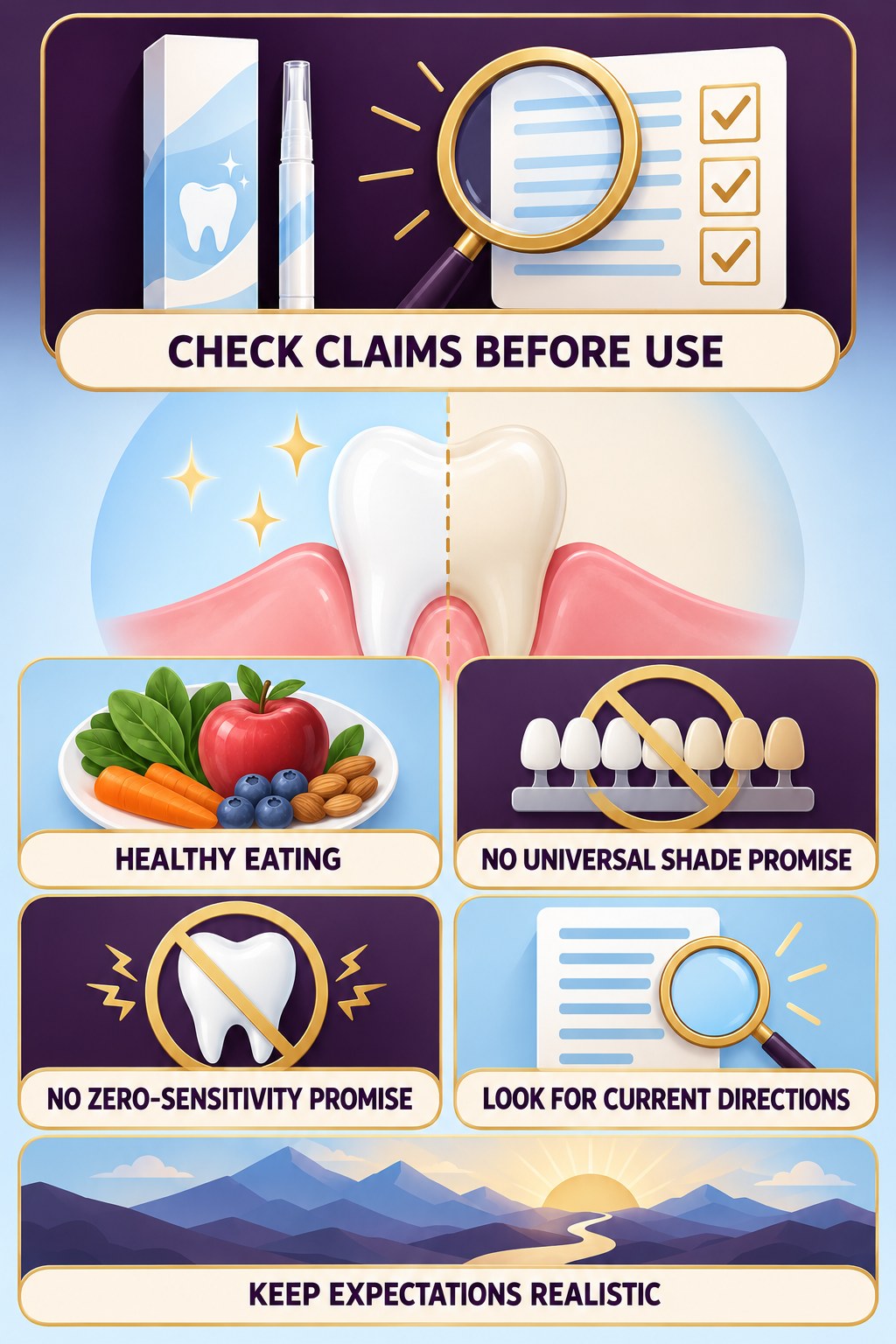 Whitening Pen Product-Claim Check infographic for Healthy Eating with four concise whitening-gel-pen safety points.