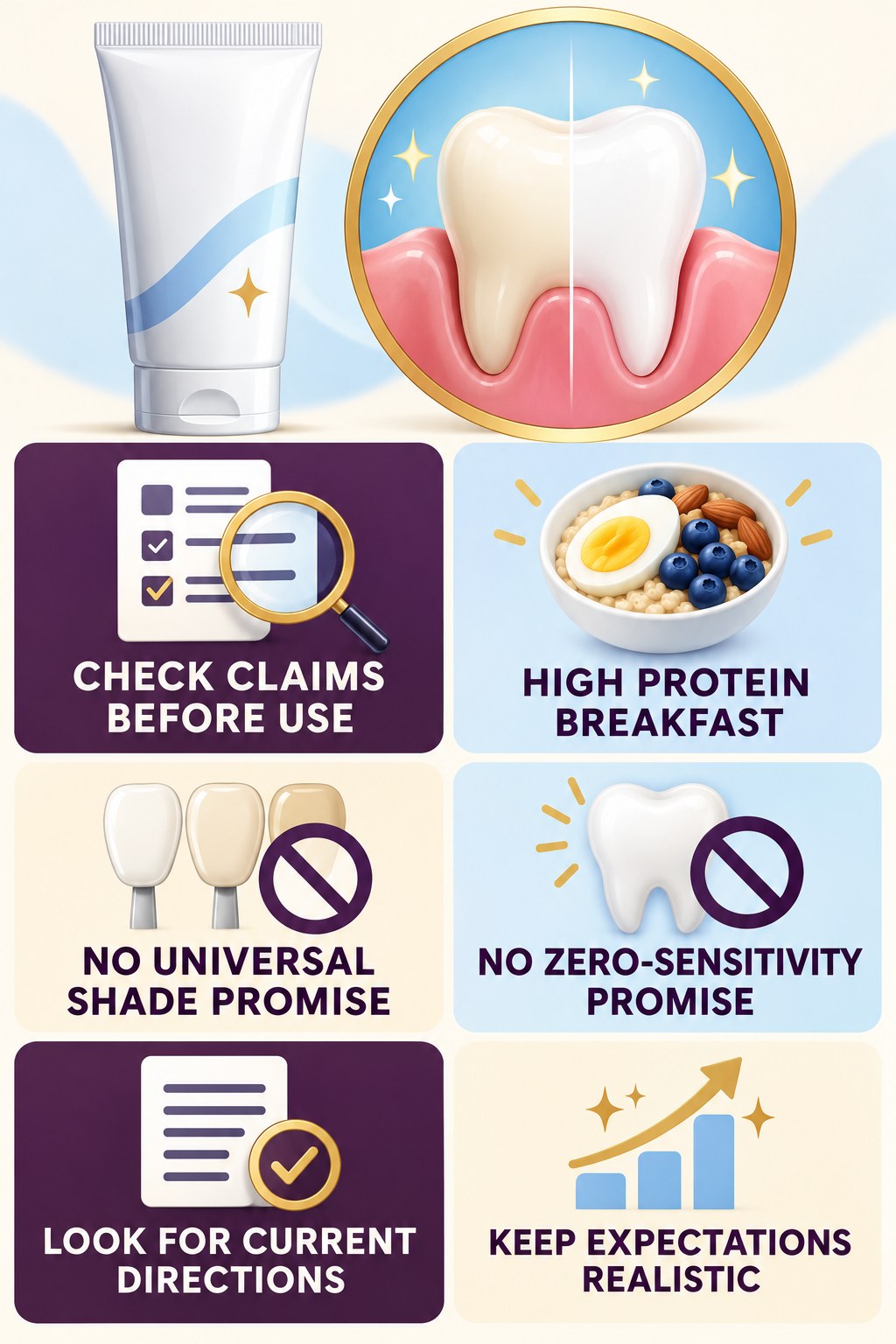 Whitening Pen Product-Claim Check infographic for High Protein Breakfast with four concise whitening-gel-pen safety points.