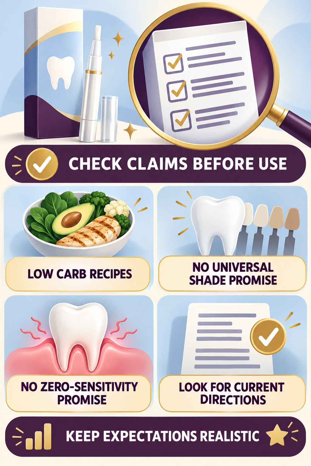 Whitening Pen Product-Claim Check infographic for Low Carb Recipes with four concise whitening-gel-pen safety points.