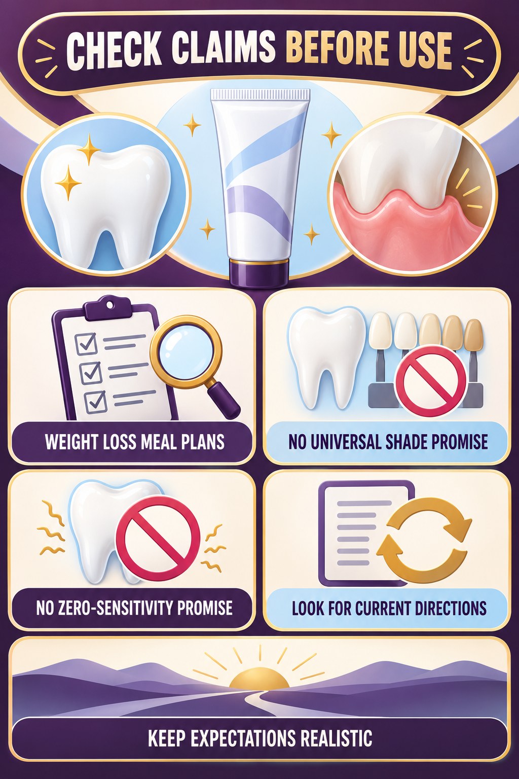 Whitening Pen Product-Claim Check infographic for Weight Loss Meal Plans with four concise whitening-gel-pen safety points.