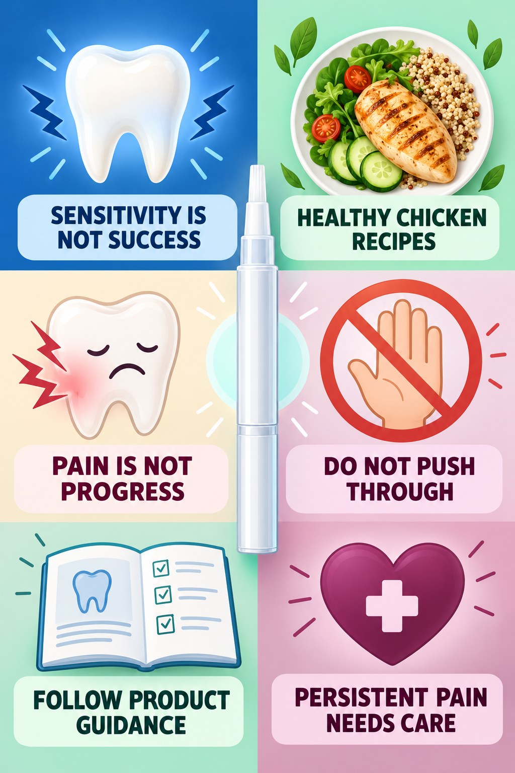 Whitening Pen Sensitivity Awareness infographic for Healthy Chicken Recipes with four concise whitening-gel-pen safety points.