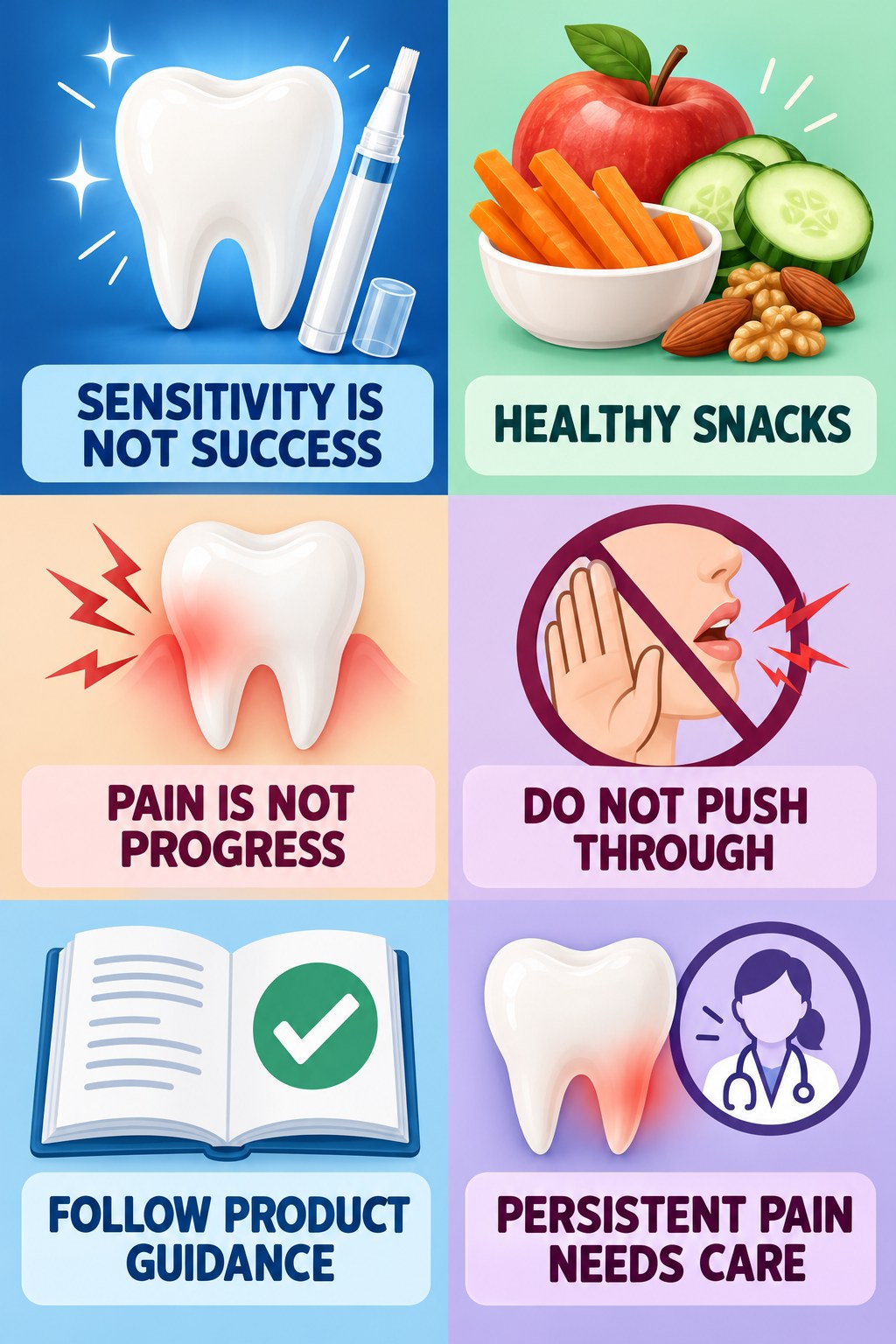 Whitening Pen Sensitivity Awareness infographic for Healthy Snacks with four concise whitening-gel-pen safety points.