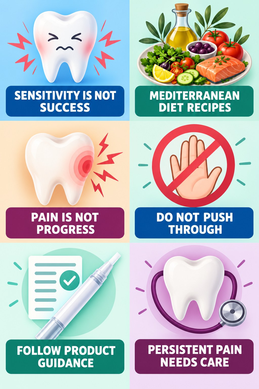Whitening Pen Sensitivity Awareness infographic for Mediterranean Diet Recipes with four concise whitening-gel-pen safety points.