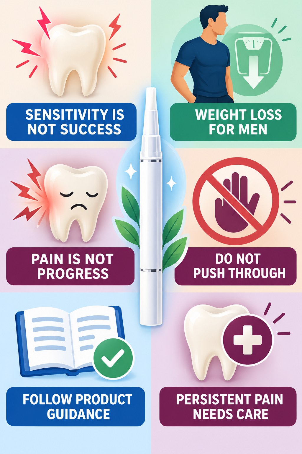 Whitening Pen Sensitivity Awareness infographic for Weight Loss for Men with four concise whitening-gel-pen safety points.