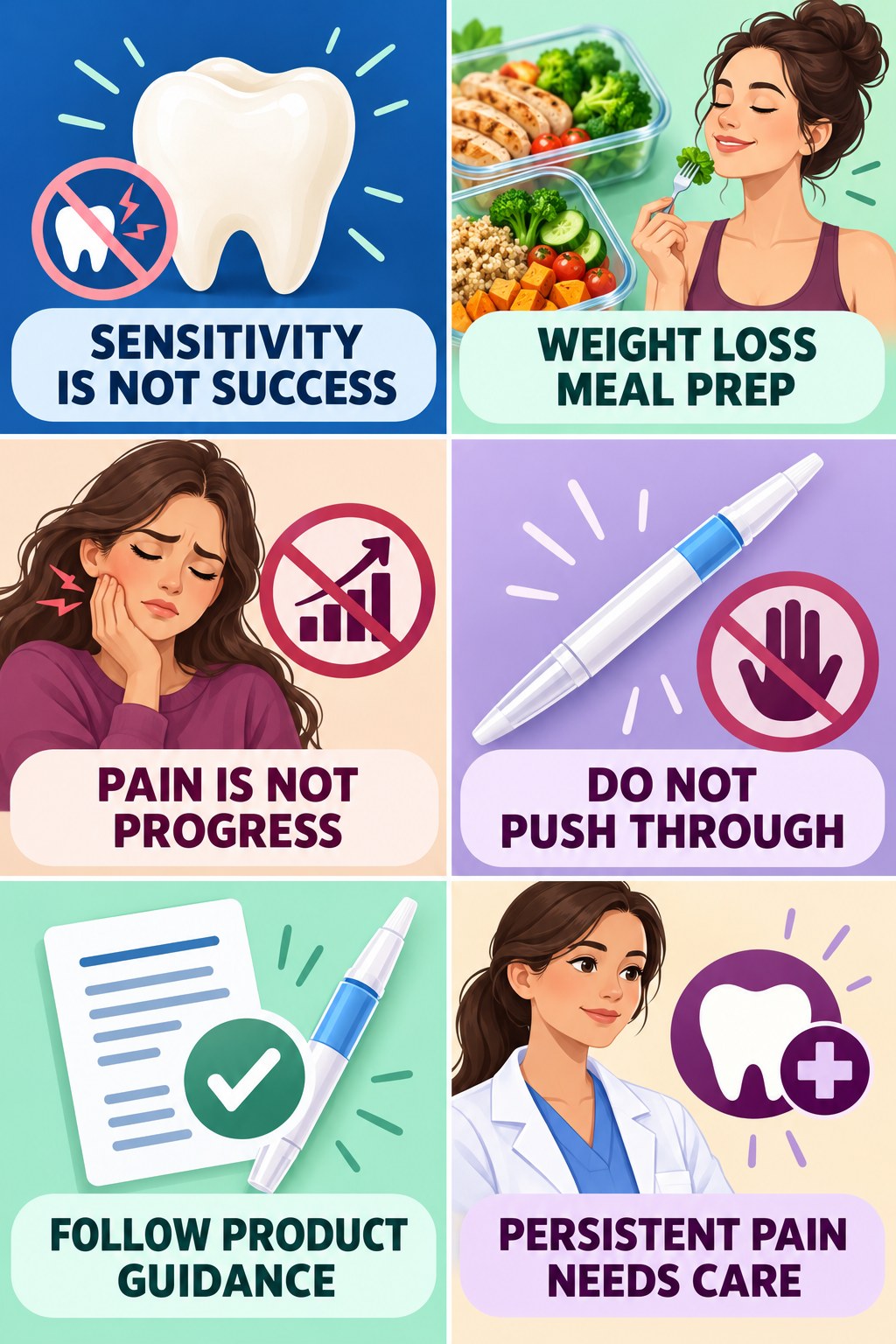 Whitening Pen Sensitivity Awareness infographic for Weight Loss Meal Prep with four concise whitening-gel-pen safety points.