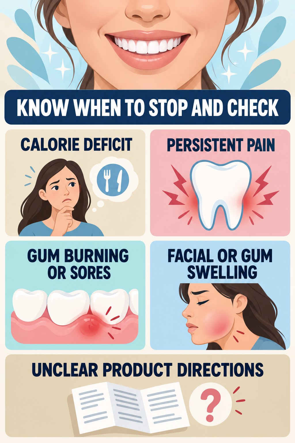 Whitening Pen Stop-and-Check Checklist infographic for Calorie Deficit with four concise whitening-gel-pen safety points.
