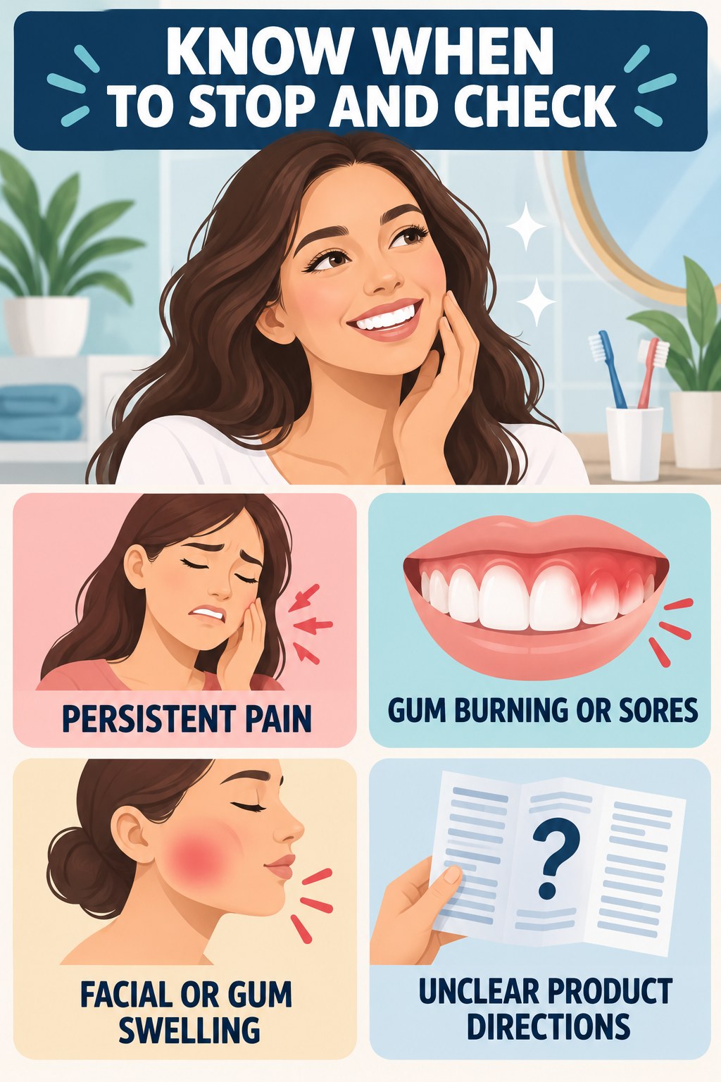 Whitening Pen Stop-and-Check Checklist infographic for Healthy Breakfast Recipes with four concise whitening-gel-pen safety points.