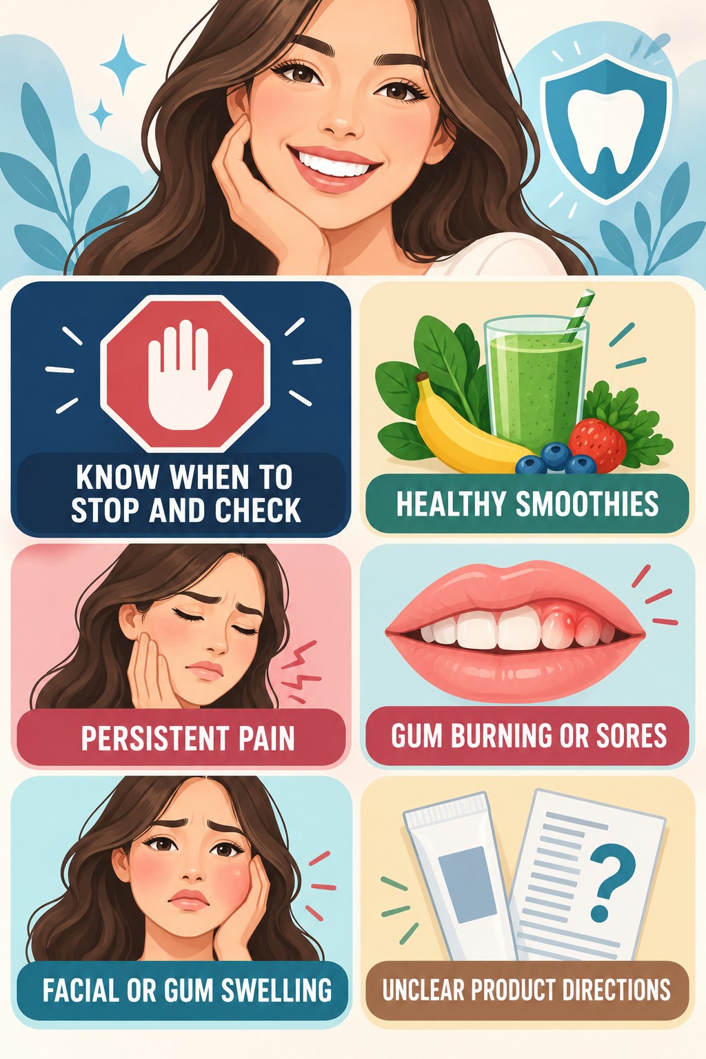Whitening Pen Stop-and-Check Checklist infographic for Healthy Smoothies with four concise whitening-gel-pen safety points.
