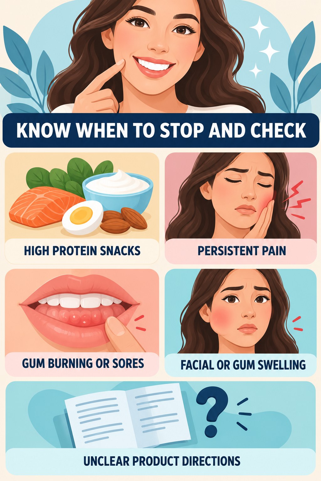 Whitening Pen Stop-and-Check Checklist infographic for High Protein Snacks with four concise whitening-gel-pen safety points.