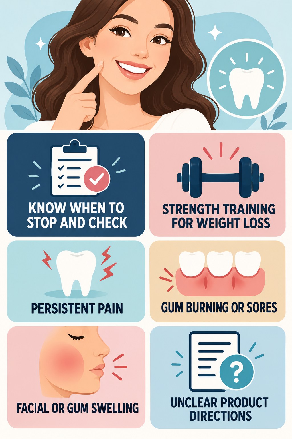 Whitening Pen Stop-and-Check Checklist infographic for Strength Training for Weight Loss with four concise whitening-gel-pen safety points.