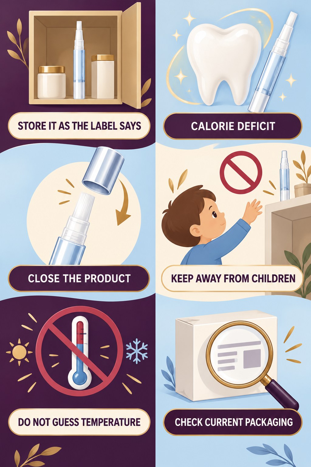 Whitening Pen Storage and Travel Questions infographic for Calorie Deficit with four concise whitening-gel-pen safety points.