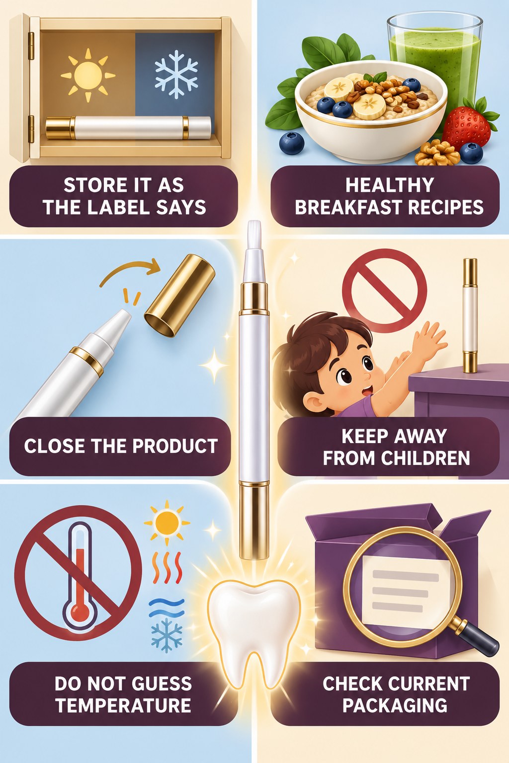 Whitening Pen Storage and Travel Questions infographic for Healthy Breakfast Recipes with four concise whitening-gel-pen safety points.