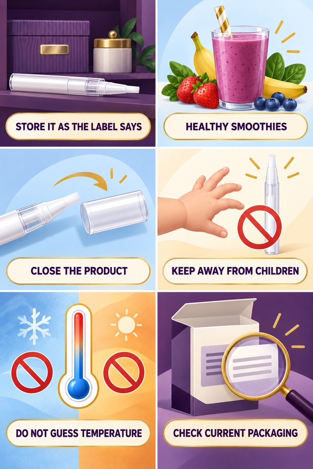 Whitening Pen Storage and Travel Questions infographic for Healthy Smoothies with four concise whitening-gel-pen safety points.