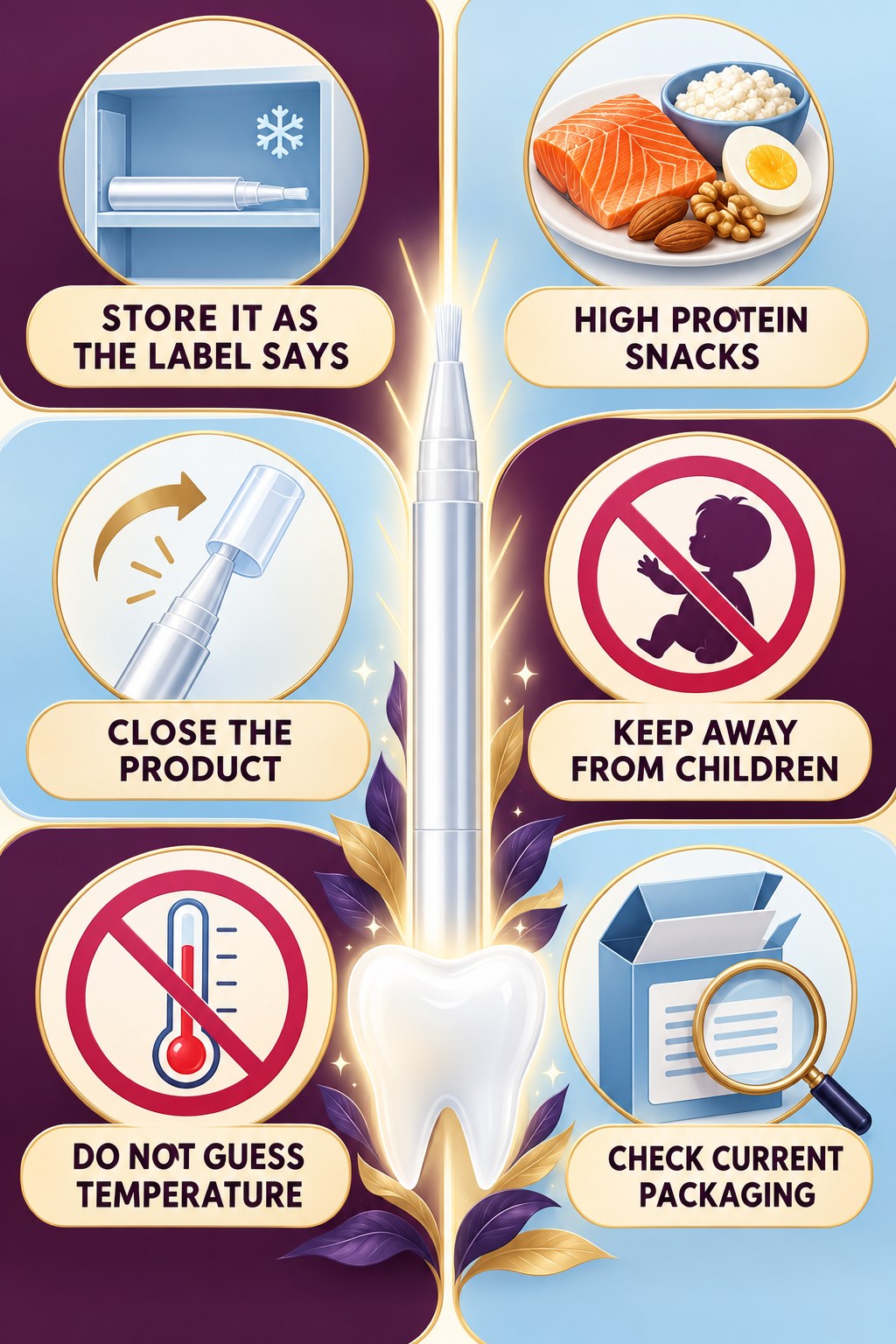 Whitening Pen Storage and Travel Questions infographic for High Protein Snacks with four concise whitening-gel-pen safety points.
