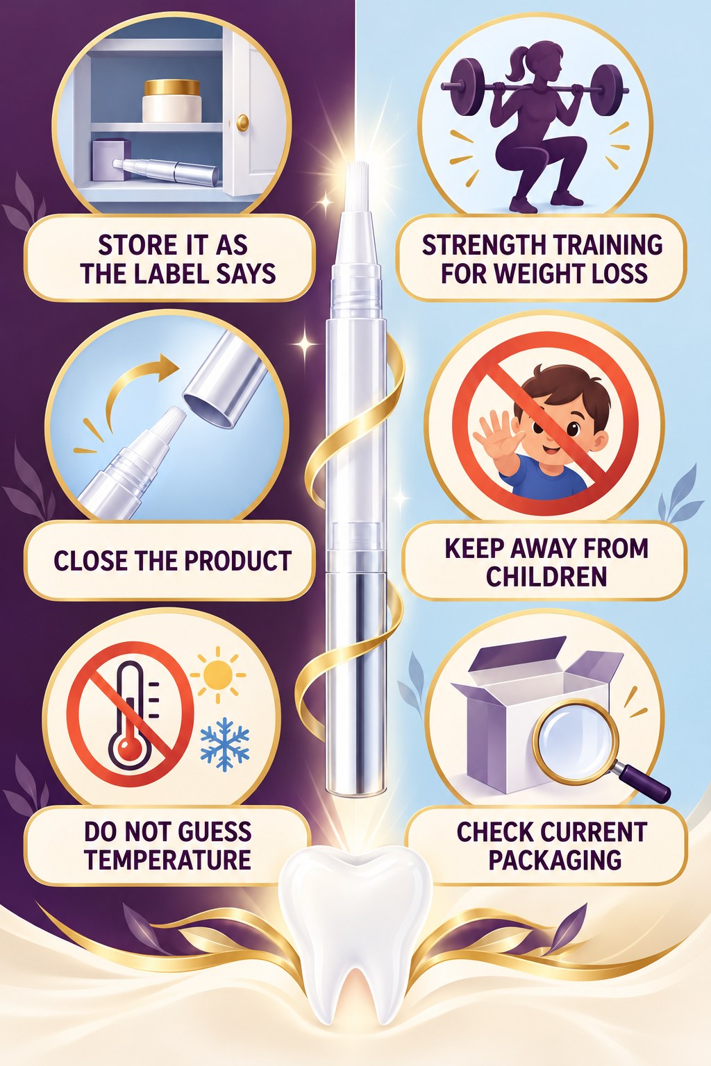 Whitening Pen Storage and Travel Questions infographic for Strength Training for Weight Loss with four concise whitening-gel-pen safety points.