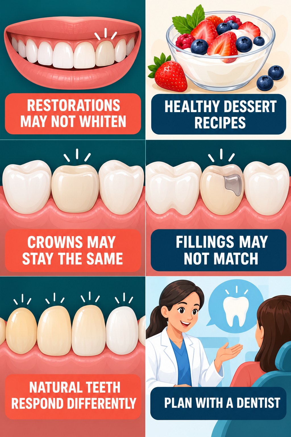 Whitening Pens and Dental Restorations infographic for Healthy Dessert Recipes with four concise whitening-gel-pen safety points.