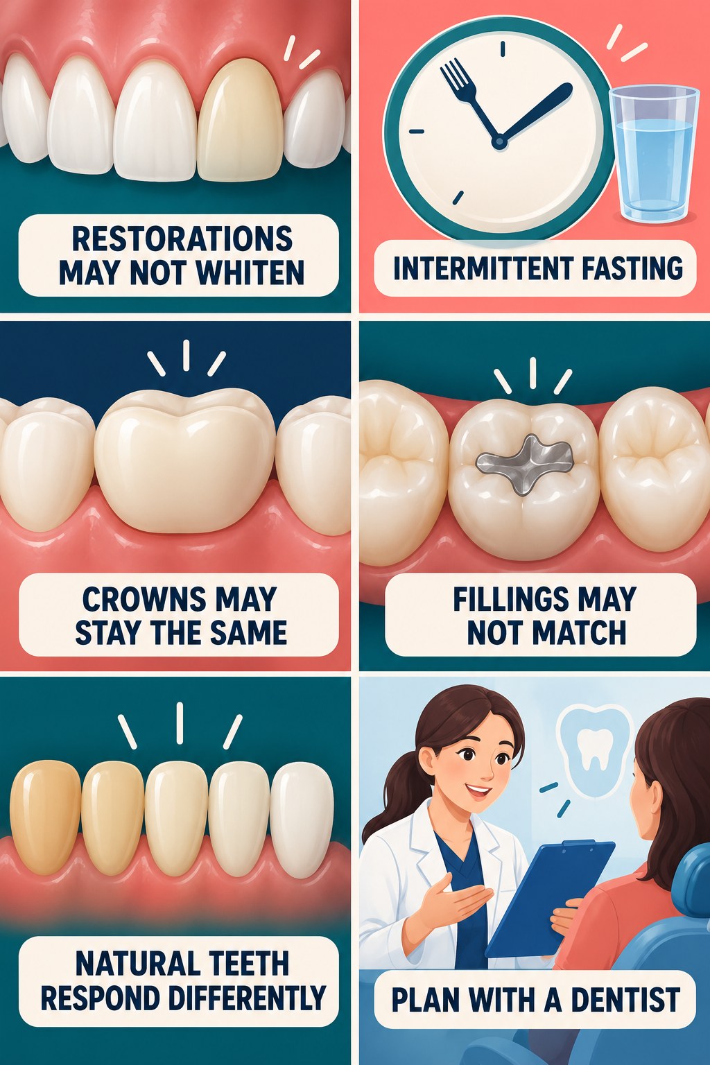 Whitening Pens and Dental Restorations infographic for Intermittent Fasting with four concise whitening-gel-pen safety points.