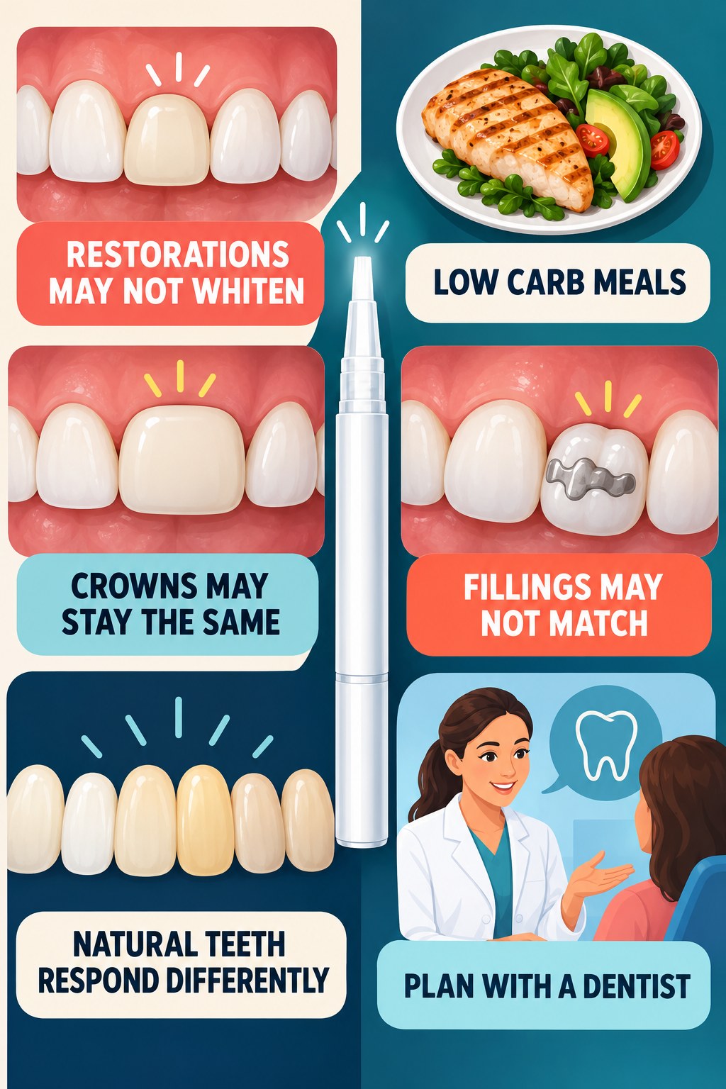 Whitening Pens and Dental Restorations infographic for Low Carb Meals with four concise whitening-gel-pen safety points.