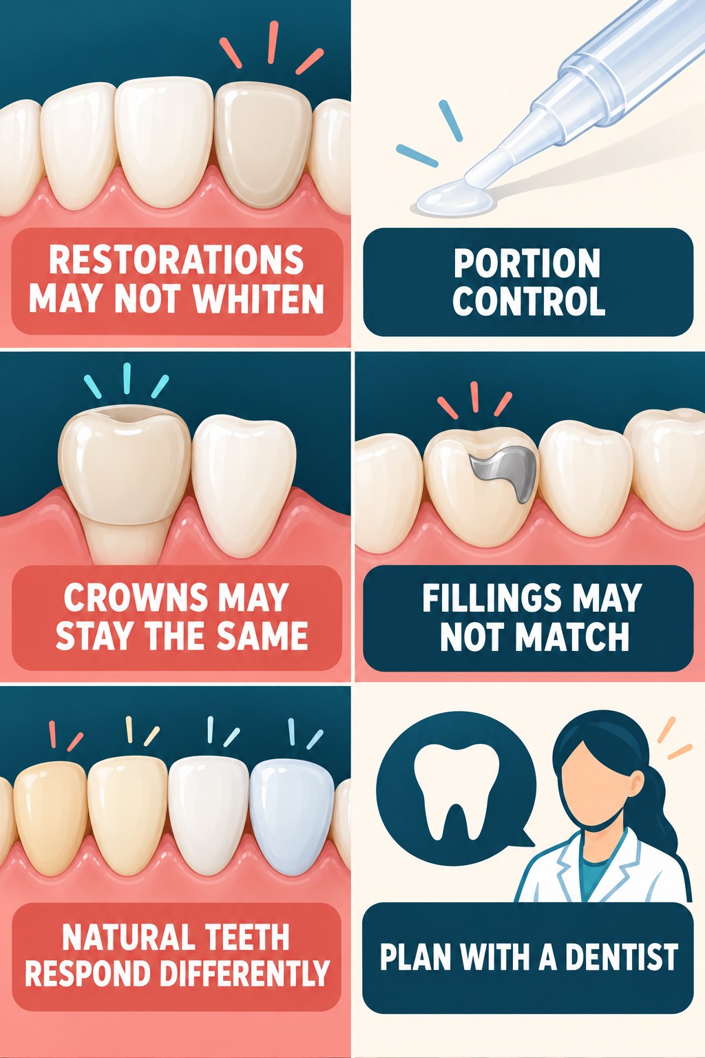 Whitening Pens and Dental Restorations infographic for Portion Control with four concise whitening-gel-pen safety points.