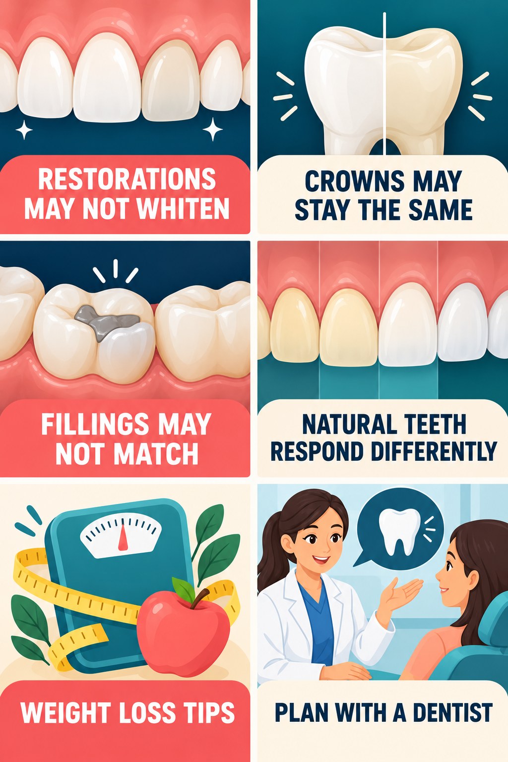 Whitening Pens and Dental Restorations infographic for Weight Loss Tips with four concise whitening-gel-pen safety points.