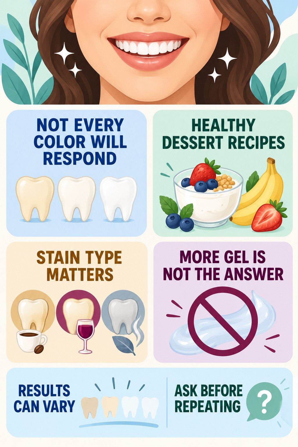 Whitening Pens and Intrinsic Discoloration infographic for Healthy Dessert Recipes with four concise whitening-gel-pen safety points.