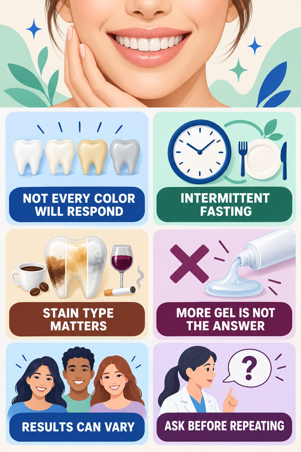 Whitening Pens and Intrinsic Discoloration infographic for Intermittent Fasting with four concise whitening-gel-pen safety points.