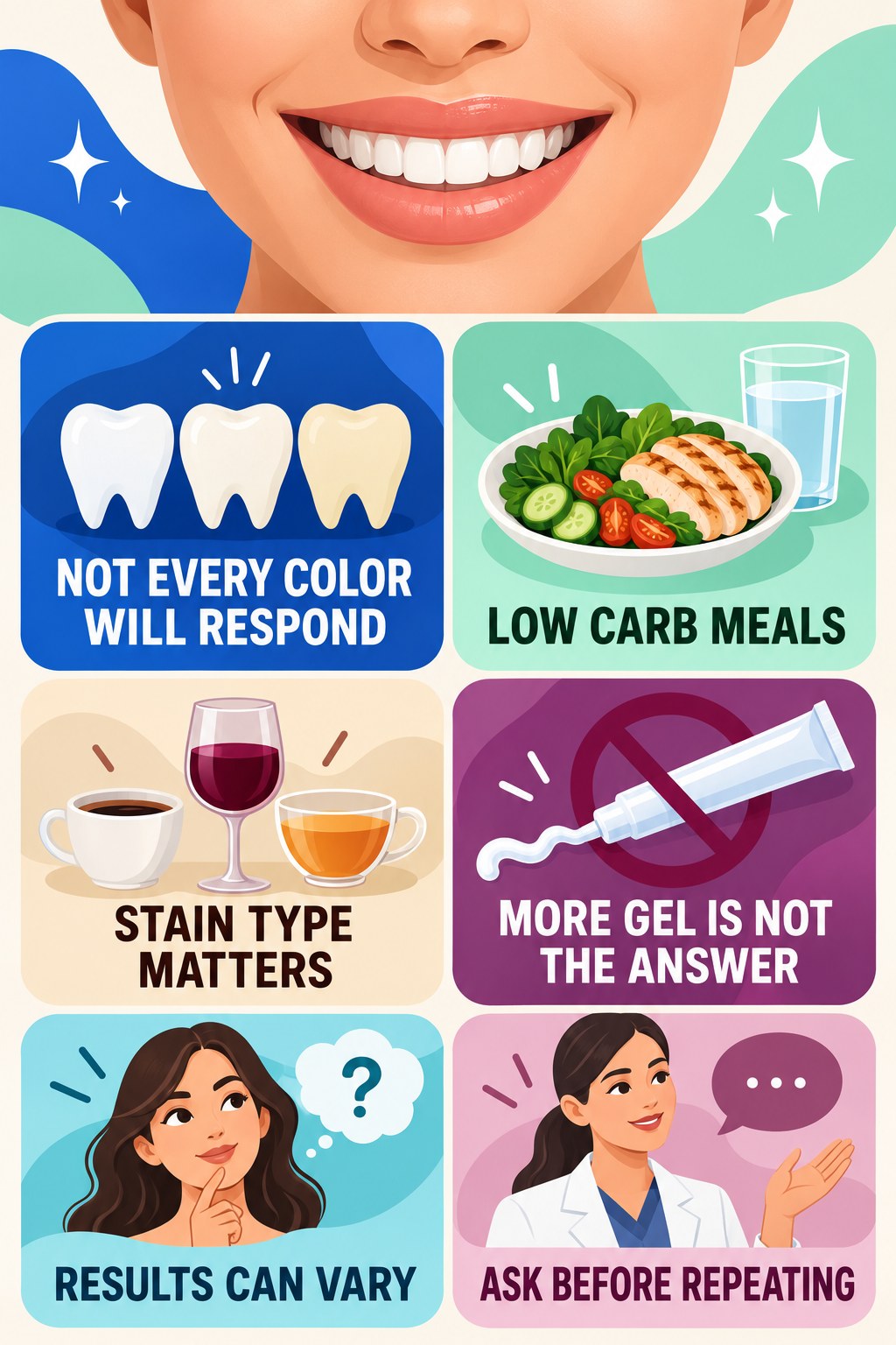 Whitening Pens and Intrinsic Discoloration infographic for Low Carb Meals with four concise whitening-gel-pen safety points.