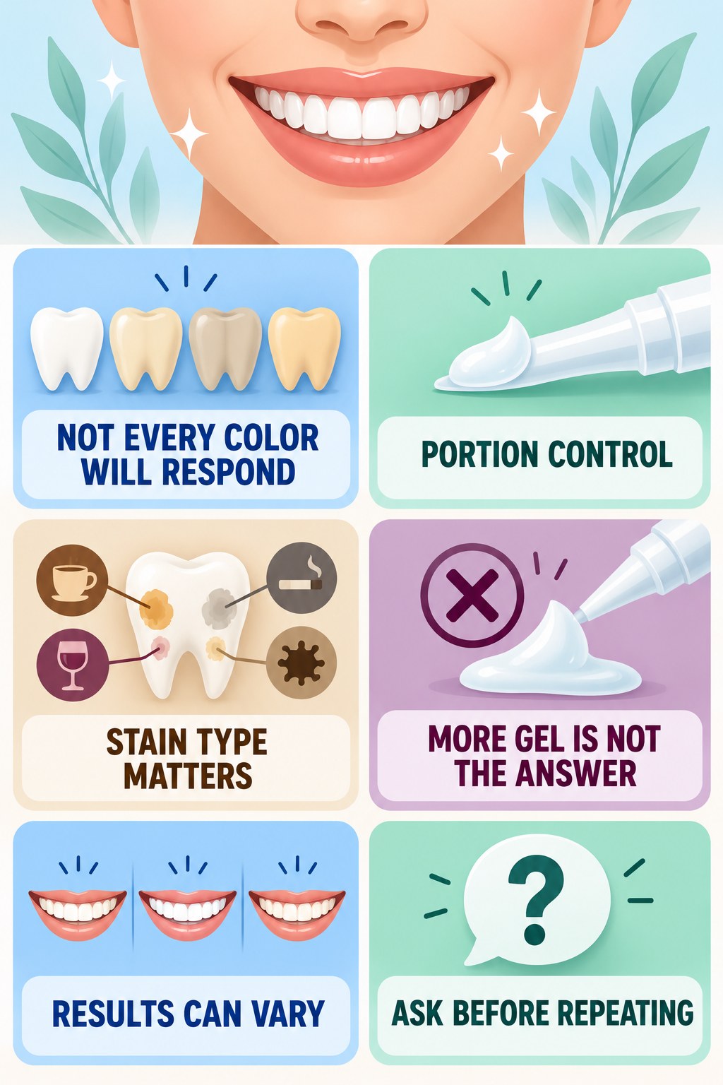 Whitening Pens and Intrinsic Discoloration infographic for Portion Control with four concise whitening-gel-pen safety points.