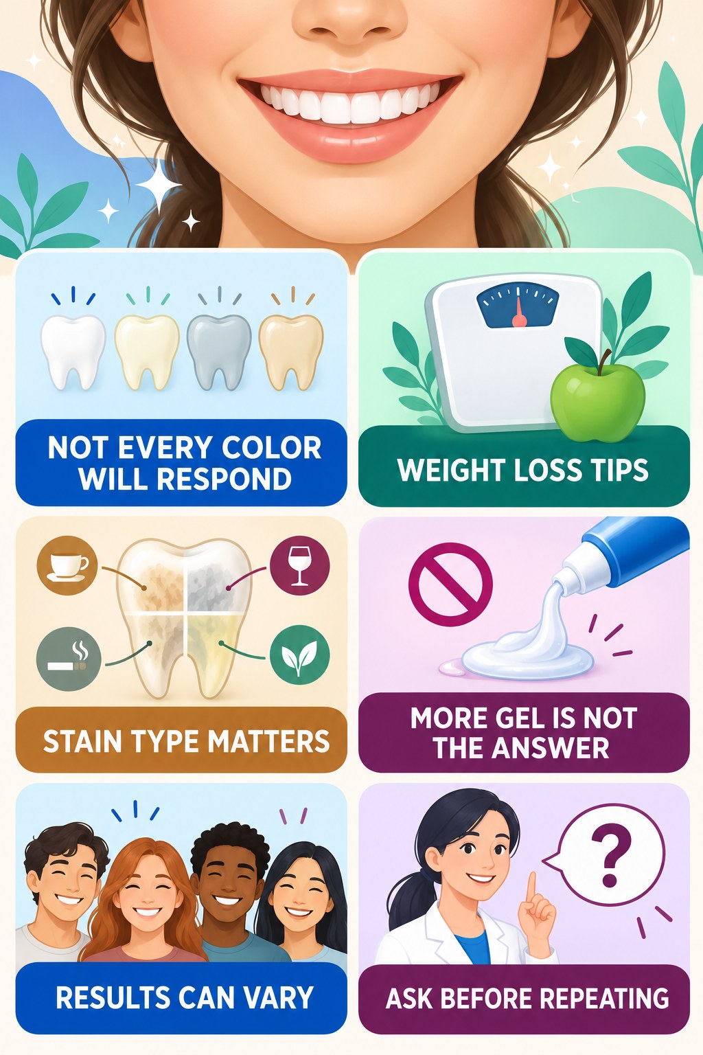 Whitening Pens and Intrinsic Discoloration infographic for Weight Loss Tips with four concise whitening-gel-pen safety points.