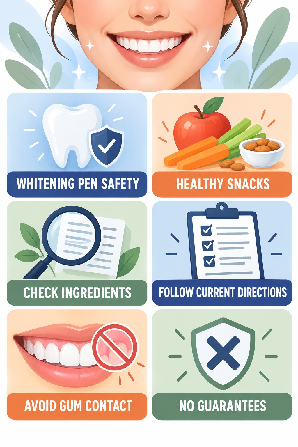 Whitening Pens Without Overuse infographic for Healthy Snacks with four concise whitening-sensitivity safety points.