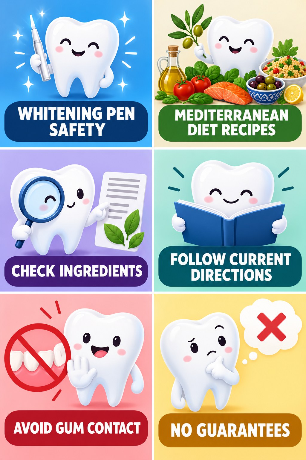 Whitening Pens Without Overuse infographic for Mediterranean Diet Recipes with four concise whitening-sensitivity safety points.