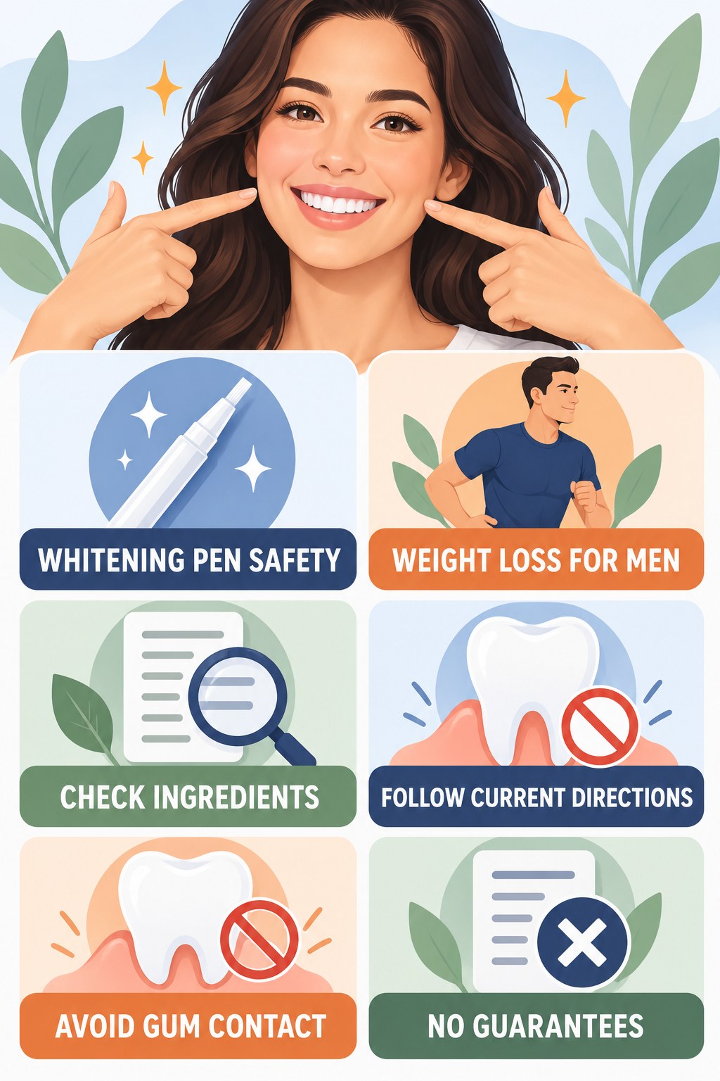 Whitening Pens Without Overuse infographic for Weight Loss for Men with four concise whitening-sensitivity safety points.