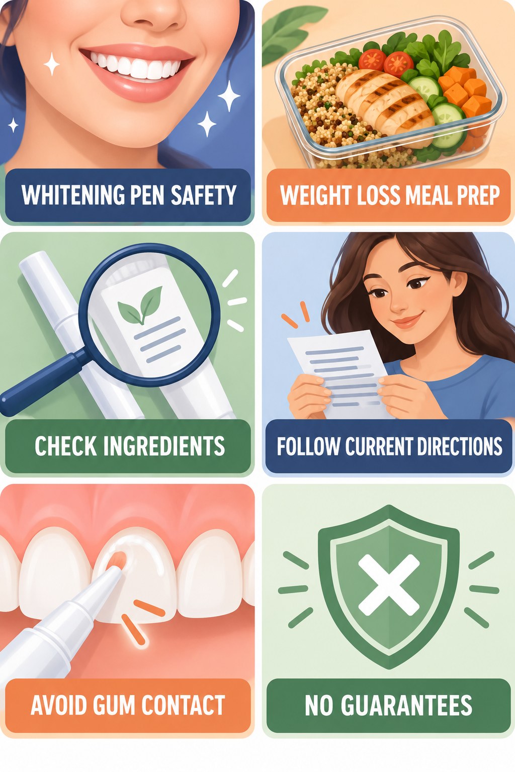 Whitening Pens Without Overuse infographic for Weight Loss Meal Prep with four concise whitening-sensitivity safety points.