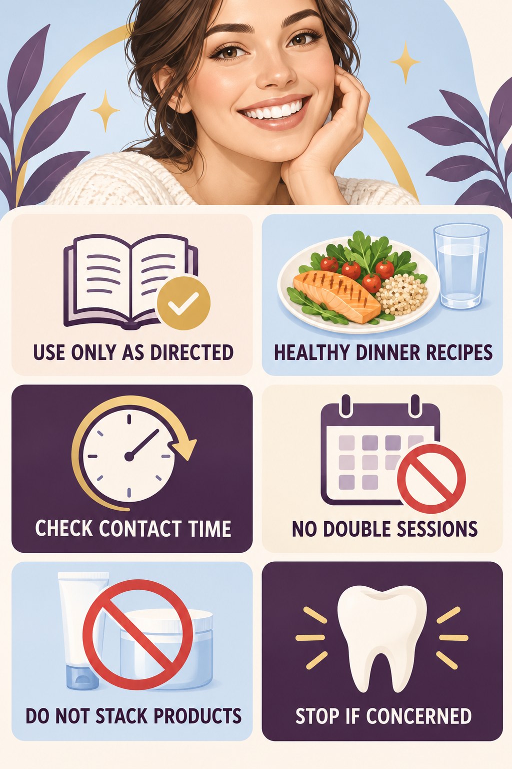 Whitening Product Directions Matter infographic for Healthy Dinner Recipes with four concise whitening-sensitivity safety points.