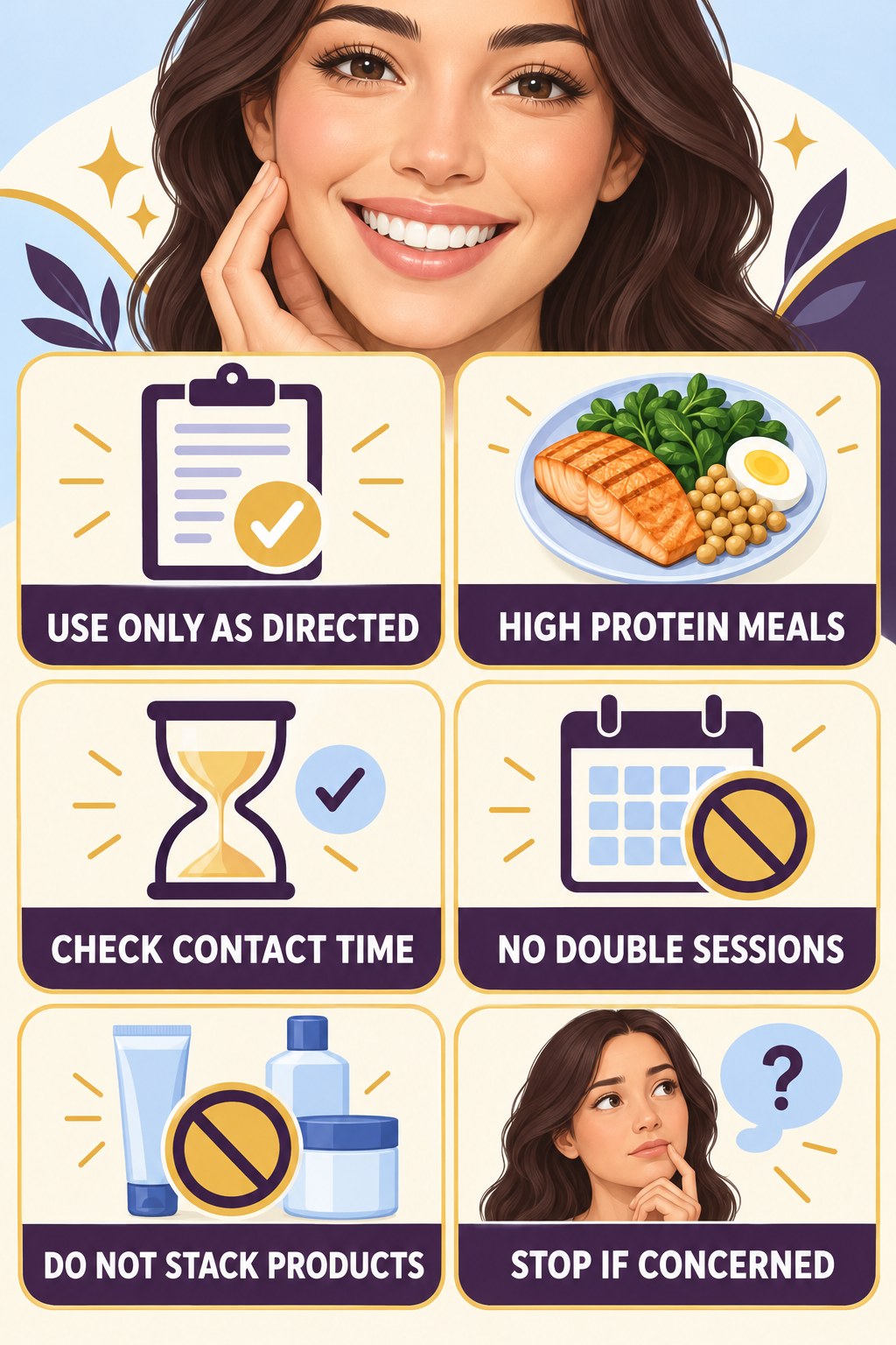 Whitening Product Directions Matter infographic for High Protein Meals with four concise whitening-sensitivity safety points.