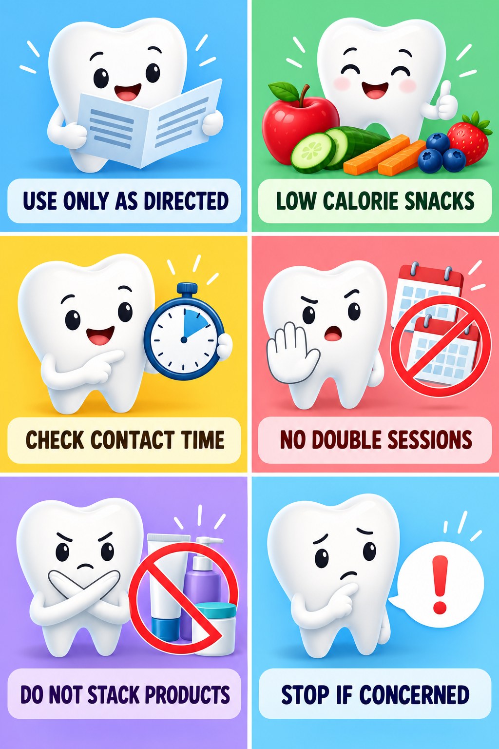 Whitening Product Directions Matter infographic for Low Calorie Snacks with four concise whitening-sensitivity safety points.