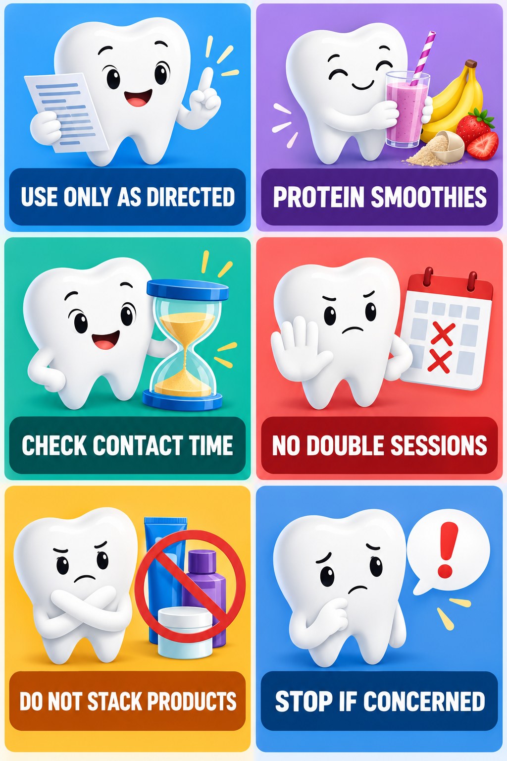 Whitening Product Directions Matter infographic for Protein Smoothies with four concise whitening-sensitivity safety points.